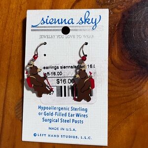 Sienna Sky Hiking Bear Earrings with Red Accents wi5h Sterling Silver Ear Wires